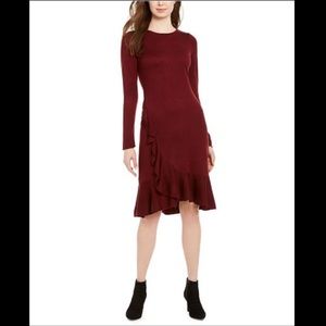 Calvin Klein Red Ruffle Sweater Midi Dress Size M NEW